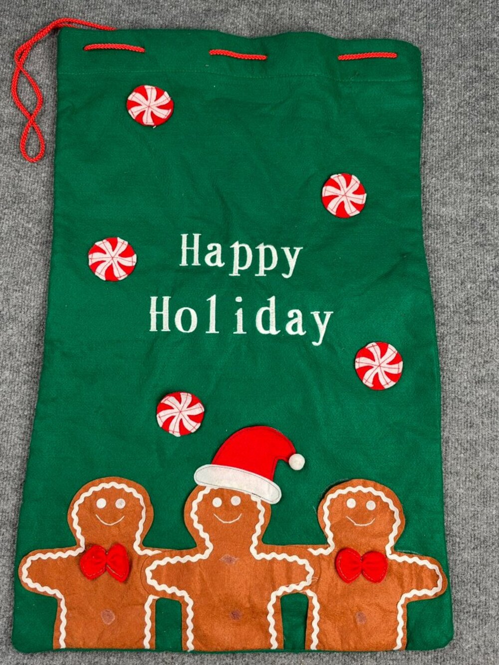 Vintage Christmas Gift Bag Sack Felt Happy Holiday Gingerbread Peppermint AS IS